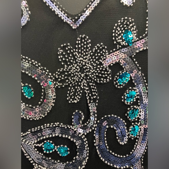 BabeYond black green and Silver peacock embroidered fringe flapper dress XL - Picture 15 of 15